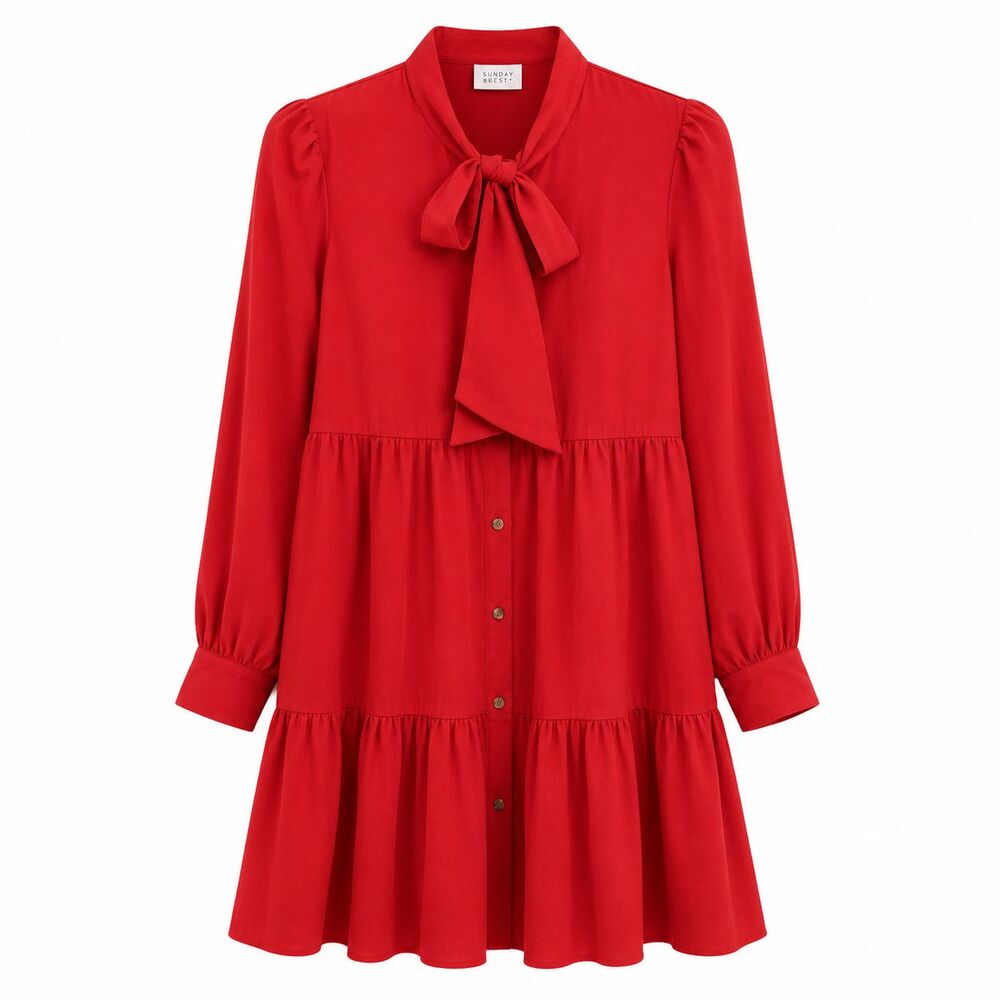 Molly Bracken Red Tiered Dress Womens Medium Tie Neck Bow Tie Babydoll Mini